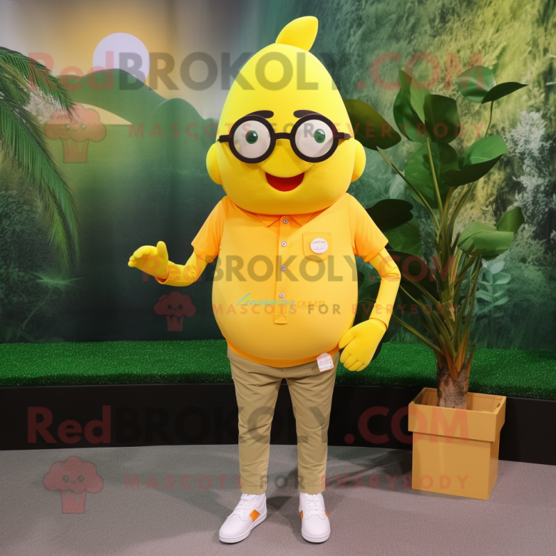 Lemon Yellow Apricot mascot costume character dressed with a Henley Tee and Eyeglasses