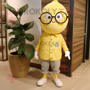 Lemon Yellow Apricot mascot costume character dressed with a Henley Tee and Eyeglasses