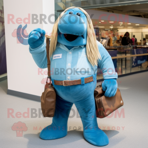 Cyan Walrus mascot costume character dressed with a Bootcut Jeans and Messenger bags