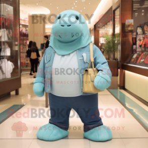 Cyan Walrus mascot costume character dressed with a Bootcut Jeans and Messenger bags