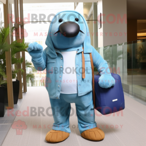 Cyan Walrus mascot costume character dressed with a Bootcut Jeans and Messenger bags