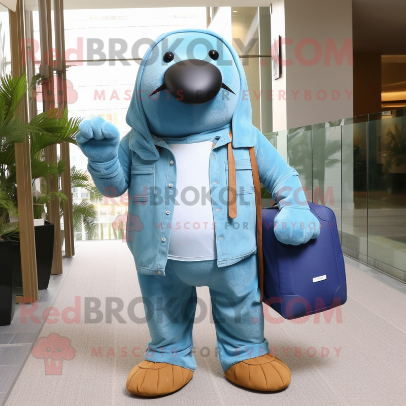 Cyan Walrus mascot costume character dressed with a Bootcut Jeans and Messenger bags Cyan Walrus mascot costume character dressed with a Bootcut Jeans and Messenger bags