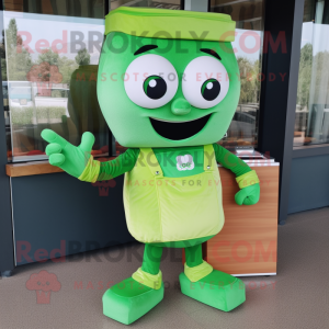 Green Lasagna mascot costume character dressed with a Overalls and Clutch bags