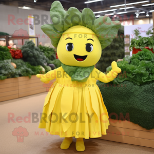 Yellow Spinach mascot costume character dressed with a Skirt and Headbands