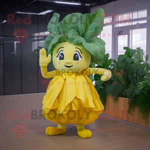 Yellow Spinach mascot costume character dressed with a Skirt and Headbands