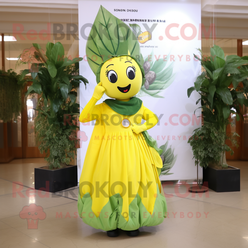 Yellow Spinach mascot costume character dressed with a Skirt and Headbands