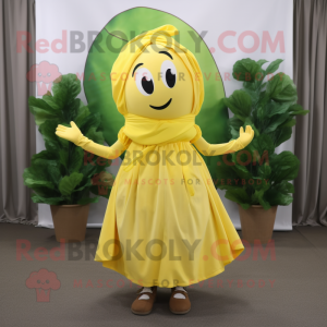 Yellow Spinach mascot costume character dressed with a Skirt and Headbands