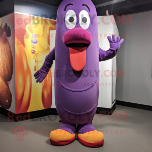Purple Hot Dog mascot costume character dressed with a Flare Jeans and Foot pads