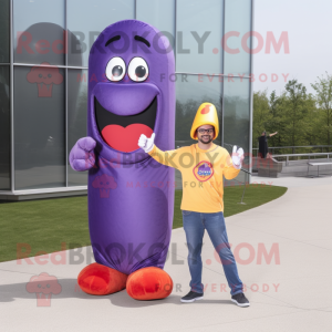 Purple Hot Dog mascot costume character dressed with a Flare Jeans and Foot pads