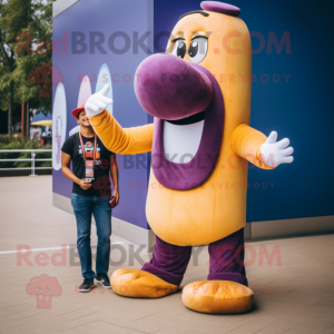 Purple Hot Dog mascot costume character dressed with a Flare Jeans and Foot pads