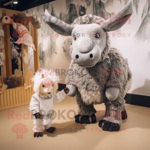 Silver Woolly Rhinoceros mascot costume character dressed with a Mini Dress and Cummerbunds