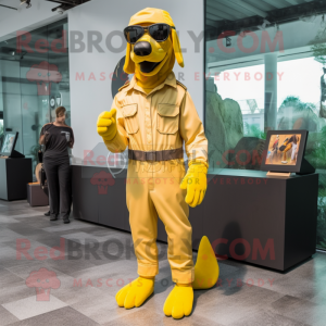 Yellow Dog mascot costume character dressed with a Cargo Pants and Eyeglasses