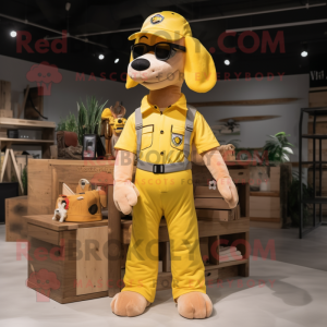 Yellow Dog mascot costume character dressed with a Cargo Pants and Eyeglasses