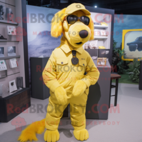 Yellow Dog mascot costume character dressed with a Cargo Pants and Eyeglasses