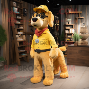 Yellow Dog mascot costume character dressed with a Cargo Pants and Eyeglasses