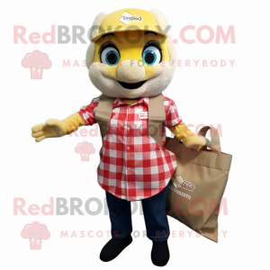 Gold Ceviche mascot costume character dressed with a Flannel Shirt and Tote bags