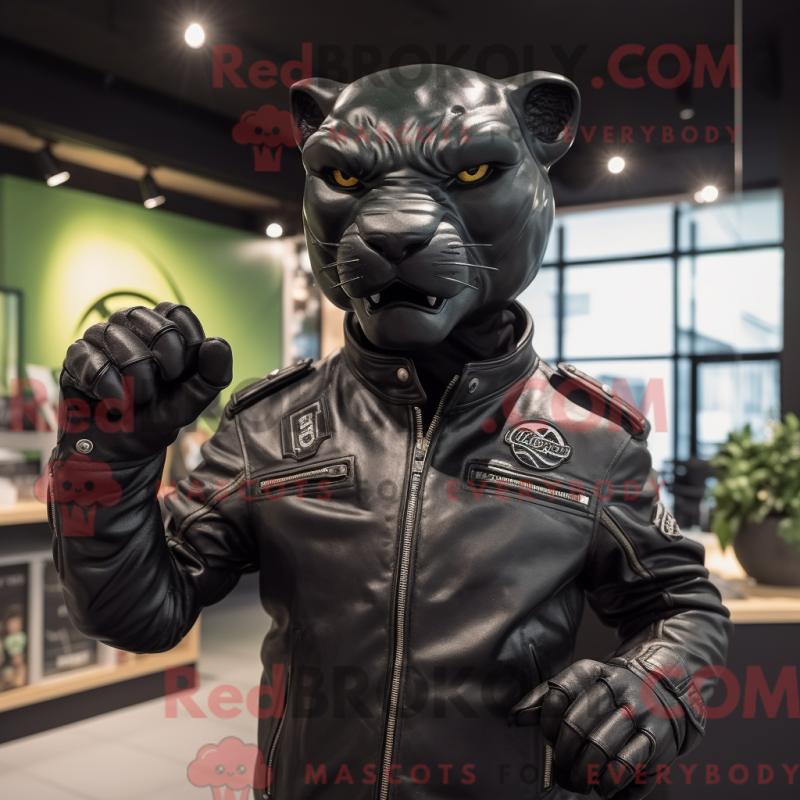 Fantasia de mascote de pantera oliva com jaqueta de couro e abotoaduras - Pantera Mascotes - REBROKO_333430 - RedBrokoly.com
