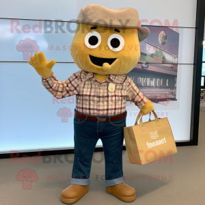 Gold Ceviche mascot costume character dressed with a Flannel Shirt and Tote bags