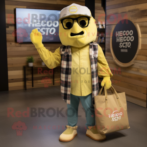 Gold Ceviche mascot costume character dressed with a Flannel Shirt and Tote bags