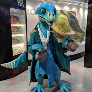 Cyaan Utahraptor mascotte...