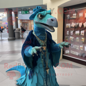 Cyan Utahraptor mascot costume character dressed with a Coat and Coin purses