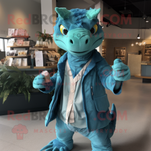 Cyan Utahraptor mascot costume character dressed with a Coat and Coin purses