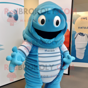 Sky Blue Trilobite mascot costume character dressed with a Sweater and Beanies