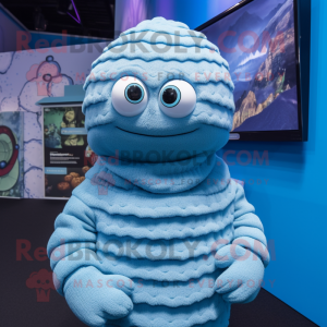 Sky Blue Trilobite mascot costume character dressed with a Sweater and Beanies