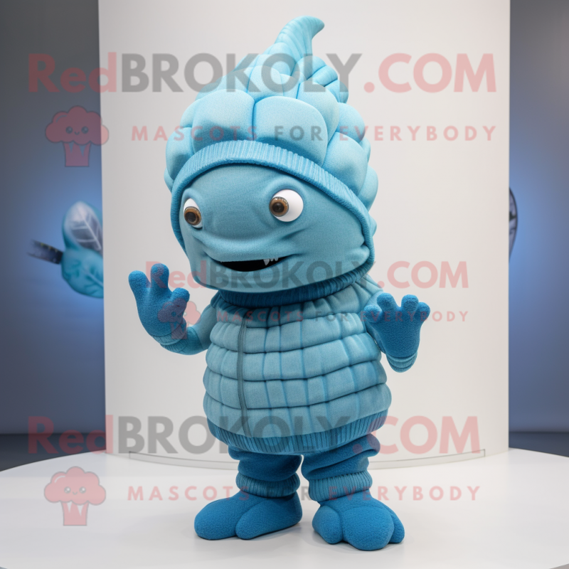 Sky Blue Trilobite mascot costume character dressed with a Sweater and Beanies