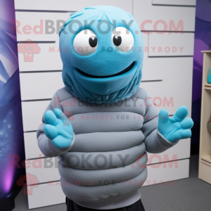 Sky Blue Trilobite mascot costume character dressed with a Sweater and Beanies