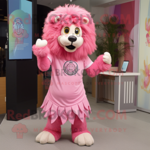 Pink Tamer Lion mascot costume character dressed with a Mini Dress and Tie pins