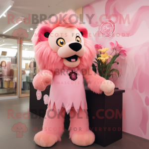 Pink Tamer Lion mascot costume character dressed with a Mini Dress and Tie pins