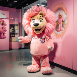 Pink Tamer Lion mascot costume character dressed with a Mini Dress and Tie pins