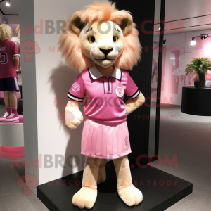 Pink Tamer Lion mascot costume character dressed with a Mini Dress and Tie pins