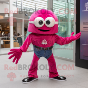 Magenta Crab Cakes mascot costume character dressed with a Skinny Jeans and Keychains