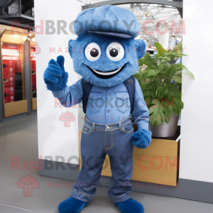 Blue Onion mascot costume character dressed with a Boyfriend Jeans and Gloves