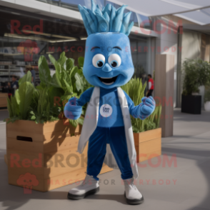 Blue Onion mascot costume character dressed with a Boyfriend Jeans and Gloves