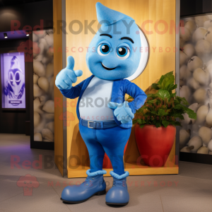 Blue Onion mascot costume character dressed with a Boyfriend Jeans and Gloves