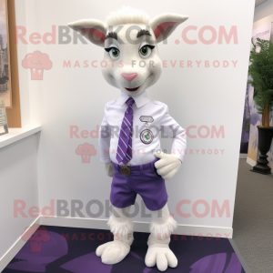 Lavender Goat mascot costume character dressed with a Dress Pants and Tie pins