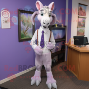 Lavender Goat mascot costume character dressed with a Dress Pants and Tie pins