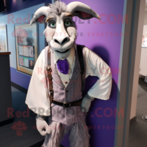 Lavender Goat mascot costume character dressed with a Dress Pants and Tie pins