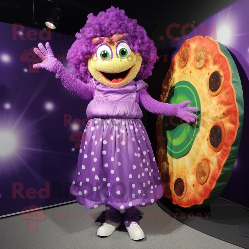 Purple Pizza mascot costume character dressed with a Ball Gown and Hair clips