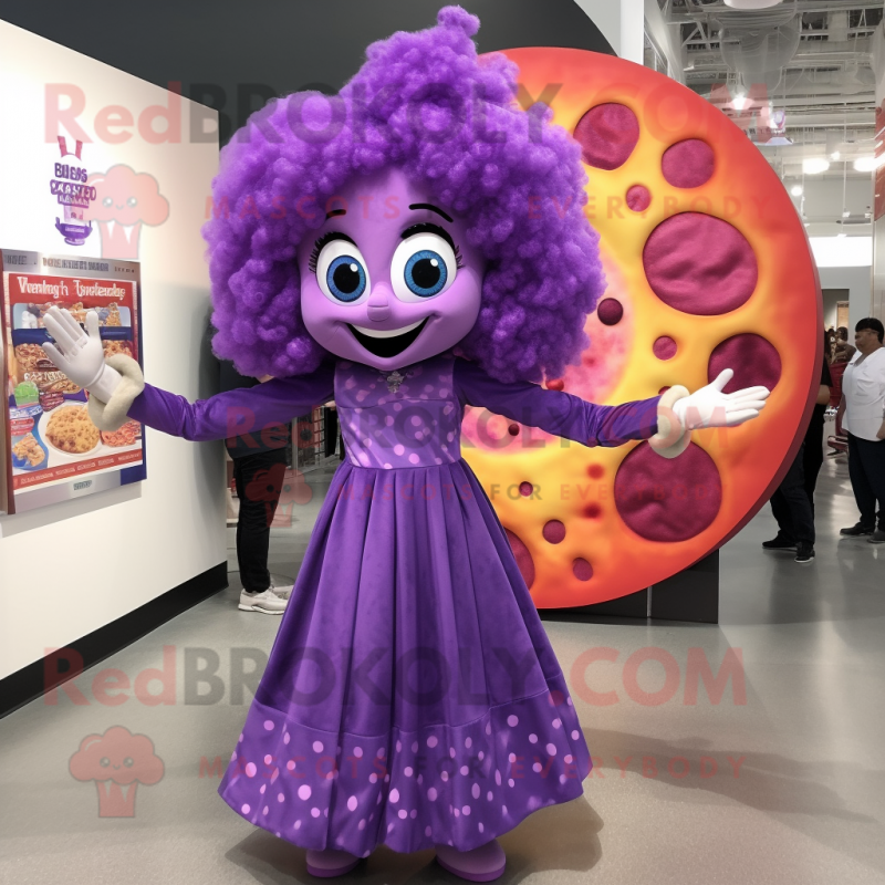 Purple Pizza mascot costume character dressed with a Ball Gown and Hair clips