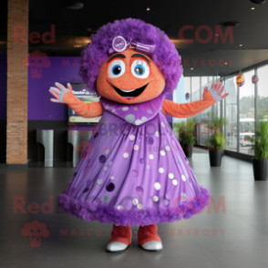 Purple Pizza mascot costume character dressed with a Ball Gown and Hair clips