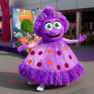 Purple Pizza mascot costume character dressed with a Ball Gown and Hair clips
