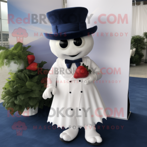 Navy Strawberry mascot costume character dressed with a Wedding Dress and Lapel pins