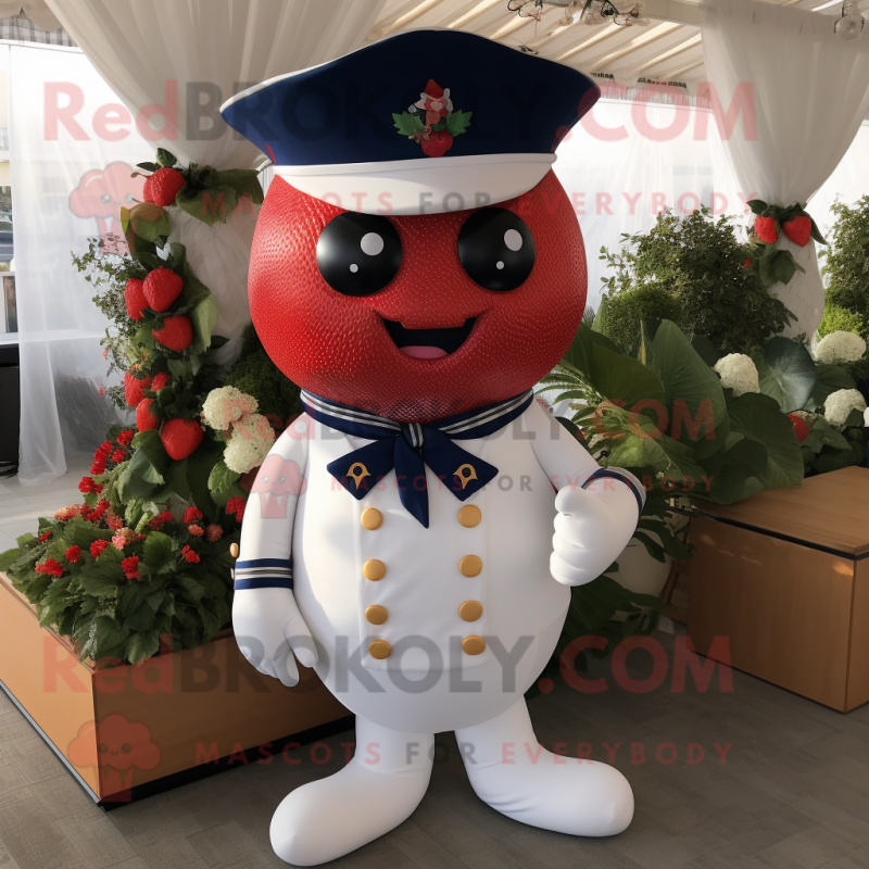 Navy Strawberry mascot costume character dressed with a Wedding Dress and Lapel pins Navy Strawberry mascot costume character dressed with a Wedding Dress and Lapel pins