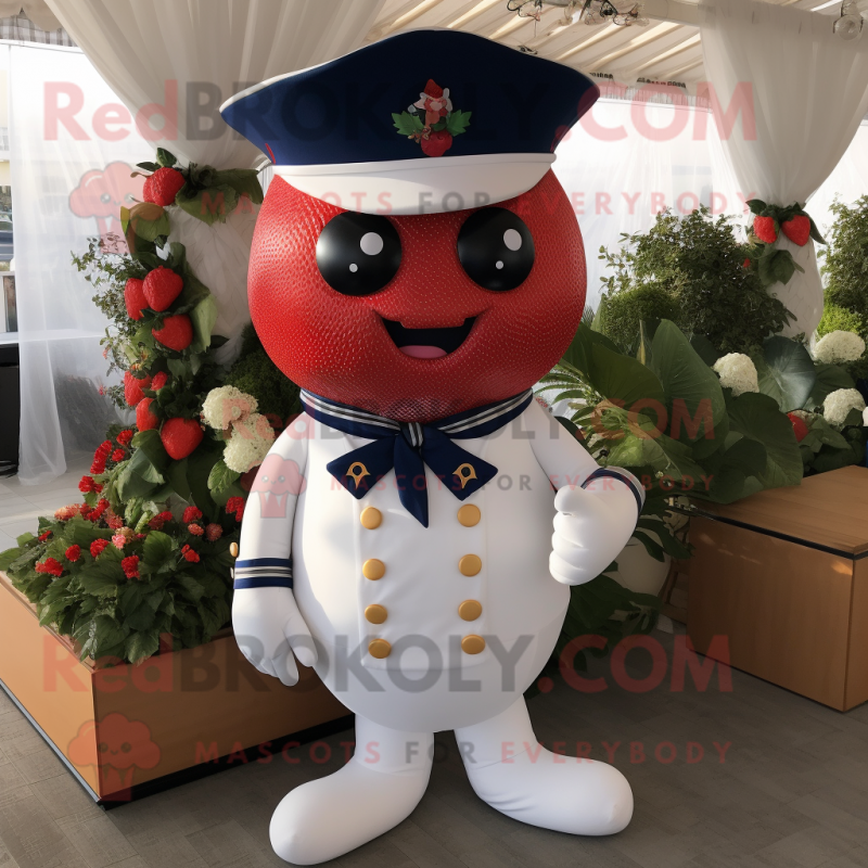 Navy Strawberry mascot costume character dressed with a Wedding Dress and Lapel pins