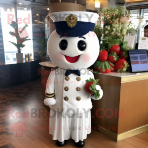 Navy Strawberry mascot costume character dressed with a Wedding Dress and Lapel pins