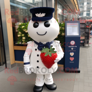 Navy Strawberry mascot costume character dressed with a Wedding Dress and Lapel pins